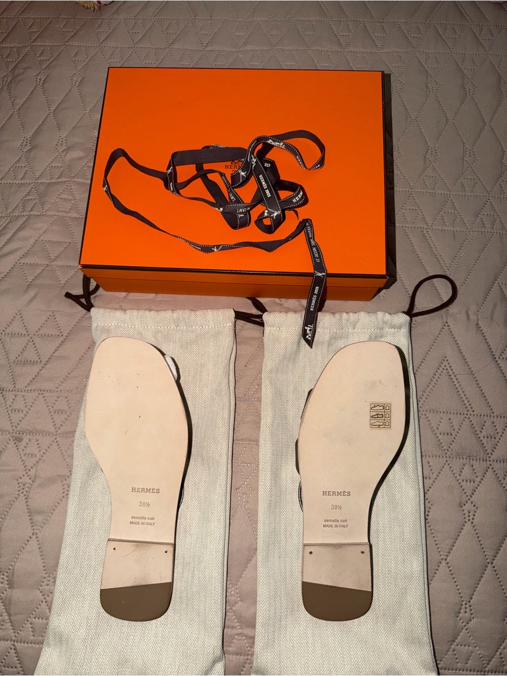 Hermes Etoupe Oran Leather Slide Sandals - Picture 2 of 6